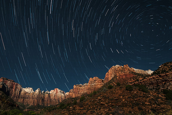 Star Trails over Moonlit Towers of the Virgin